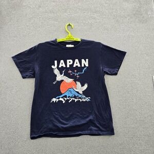RR JAPAN Men Shirt L Blue Graphic Print Cranes Short Sleeve